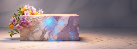 Marble podium for product presentation with pink flowers on blue background.の素材
