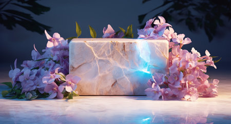 Marble pedestal and pink orchids. 3d renderingの素材