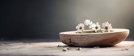 Wooden bowl with daisies on a wooden table with copy spaceの素材
