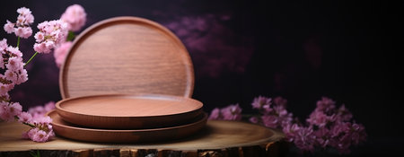 Empty round wooden podium for product presentation on black background with pink flowersの素材