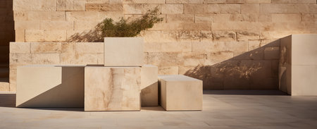 3d render of marble podiums in the middle of the desertの素材