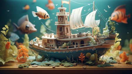 Tropical fish and ship in aquarium. 3d illustration.の素材