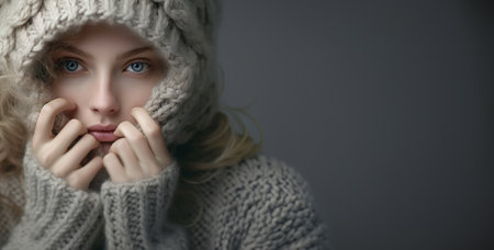 Portrait of a beautiful girl in a knitted hat and scarfの素材