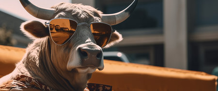 Close-up portrait of a cow with sunglasses on the street.の素材