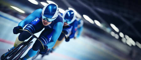 Cyclists competing in a race against composite image of ice hockey rinkの素材