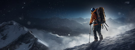 Back view of male skier with snowboard in winter mountains. Mixed mediaの素材