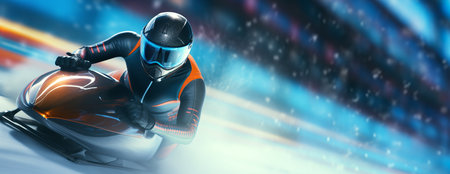 Cyclist in helmet and racing suit on the snowmobile.の素材