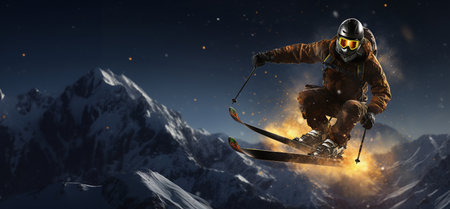 Snowboarder jumping in the mountains at night. Mixed media. Mixed mediaの素材