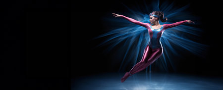 Young beautiful dancer posing in studio with blue light beam on her bodyの素材