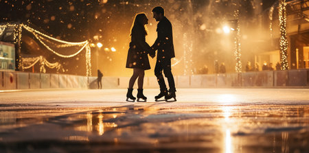 Silhouette of loving couple skating on ice rink at night.の素材