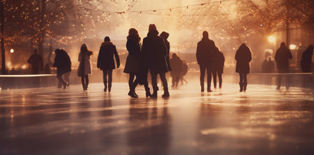 People skating on ice rink at night in winter. Blurred backgroundの素材
