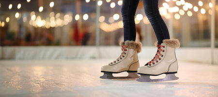 Close-up of female legs with ice skates on ice rinkの素材