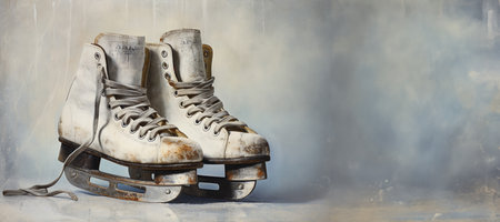 Old ice skates on a gray background. Free space for text.の素材