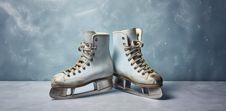 Old ice skates on a blue background with copy space. 3d illustrationの素材