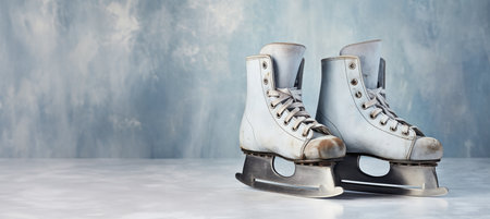 Pair of ice skates on gray background with copy space.の素材