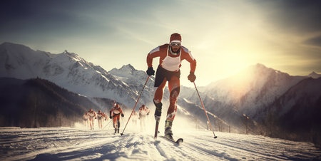 Cross-country ski on the piste against snow covered mountainsの素材