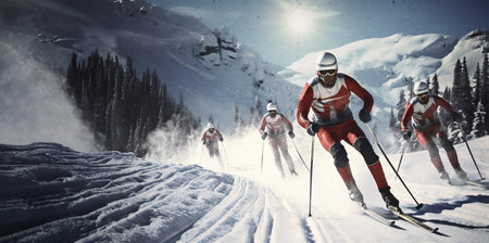 Group of skiers cross-country skiing in the mountains. Mixed mediaの素材