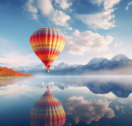 Colorful hot air balloon flying over lake. 3D Renderingの素材