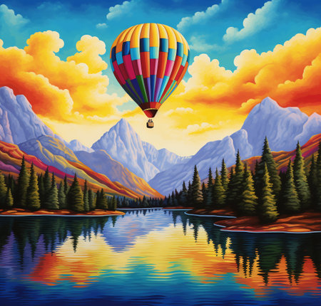Hot air balloon over the lake in the mountains. Illustration.の素材