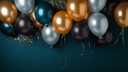 Colorful balloons with golden confetti on dark blue background. 3D Renderingの素材