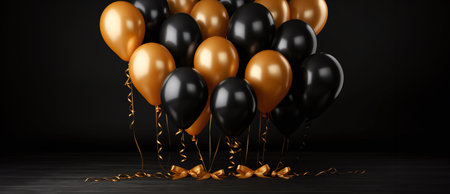 Black and gold balloons with ribbons on black background. 3D Renderの素材