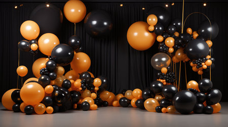 Black and orange balloons background. 3d rendering, 3d illustration.の素材