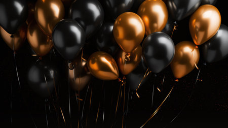 Bunch of golden and black balloons on black background. 3D Renderingの素材