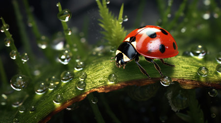 ladybug on green grass with dew drops macro close upの素材