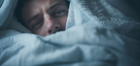Sick man lying in bed under blanket and looking at camera.の素材