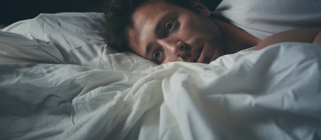 young man lying in bed in the morning. close-up.の素材