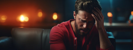 Man suffering from headache while sitting on sofa in dark room at nightの素材
