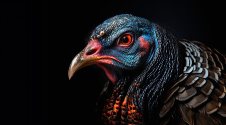 Portrait of a male turkey on a black background. Close-up.の素材