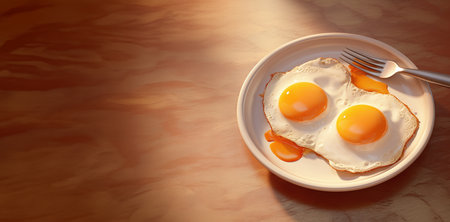 Fried eggs in a plate with a fork on a wooden backgroundの素材