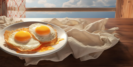 Fried eggs in a plate on a wooden table near the windowの素材