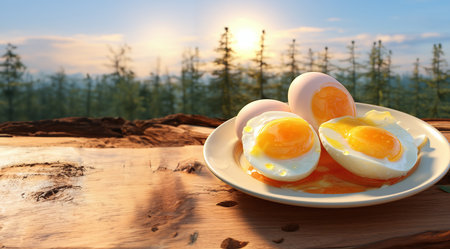 Boiled eggs on wooden table with nature background, soft focus.の素材