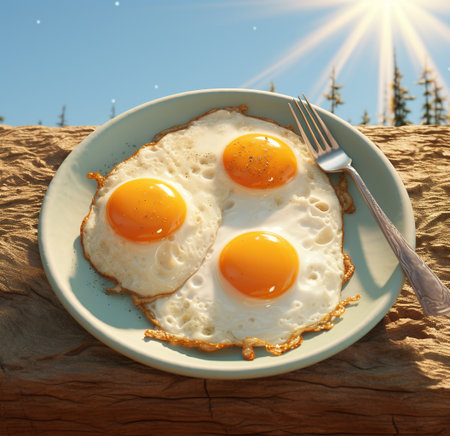 Fried eggs on a plate with a fork on a background of the desertの素材