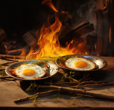 Fried eggs in a plate on a wooden table on a fire backgroundの素材