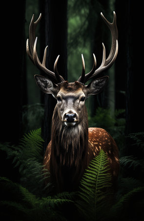 Portrait of a deer in the forest with ferns.の素材
