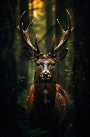 Beautiful red deer stag with big antlers in the forest.の素材