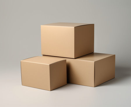 Brown cardboard boxes isolated on gray background. 3d render illustration.の素材