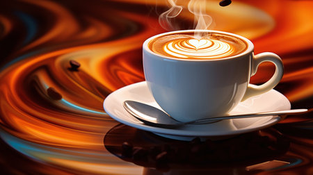 cup of coffee on a colorful background with coffee beans and cappuccinoの素材