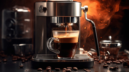 Coffee machine making espresso in a glass cup on a dark backgroundの素材