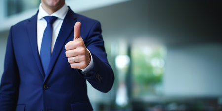 Businessman with thumbs up in office, closeup. Success conceptの素材
