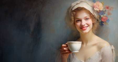 Portrait of a beautiful young woman with a cup of coffee.の素材