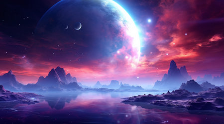 Fantasy alien planet. Mountain and lake. 3D illustrations.の素材