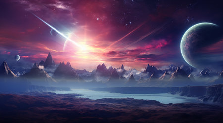 Fantasy alien planet. Mountain and lake. 3D illustrations.の素材
