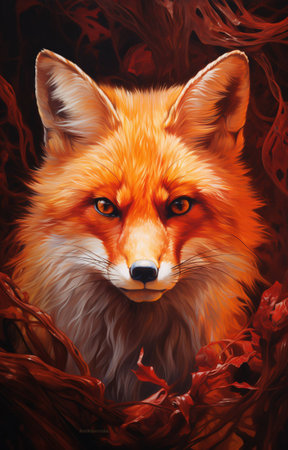 Red fox with autumn leaves in the forest. Digital painting of a fox.の素材