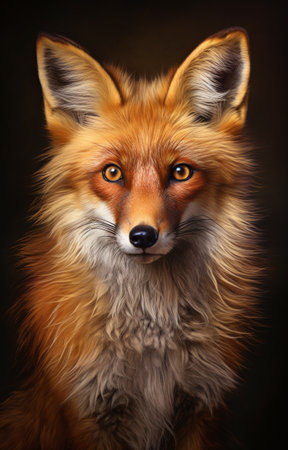 Portrait of a red fox in the studio on a dark backgroundの素材