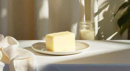 Plate with piece of butter on table in sunlight, closeupの素材