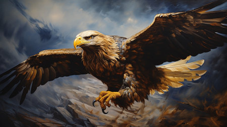 3d rendering of an eagle flying in a stormy sky.の素材